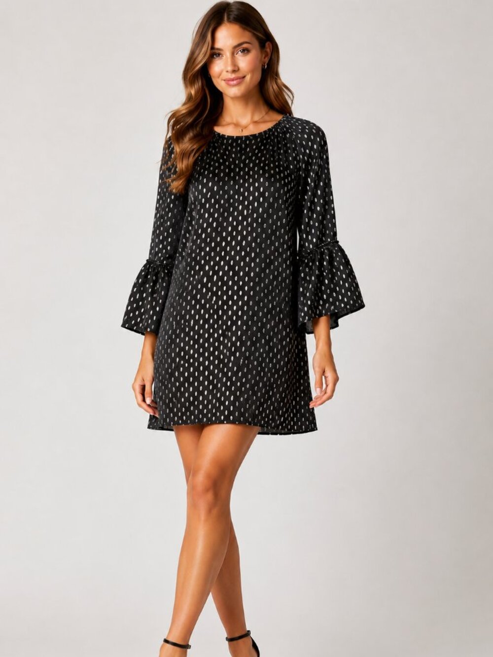 Black Chiffon Cocktail Dress | Silver Polka Dot Ruffle Sleeve Party Dress